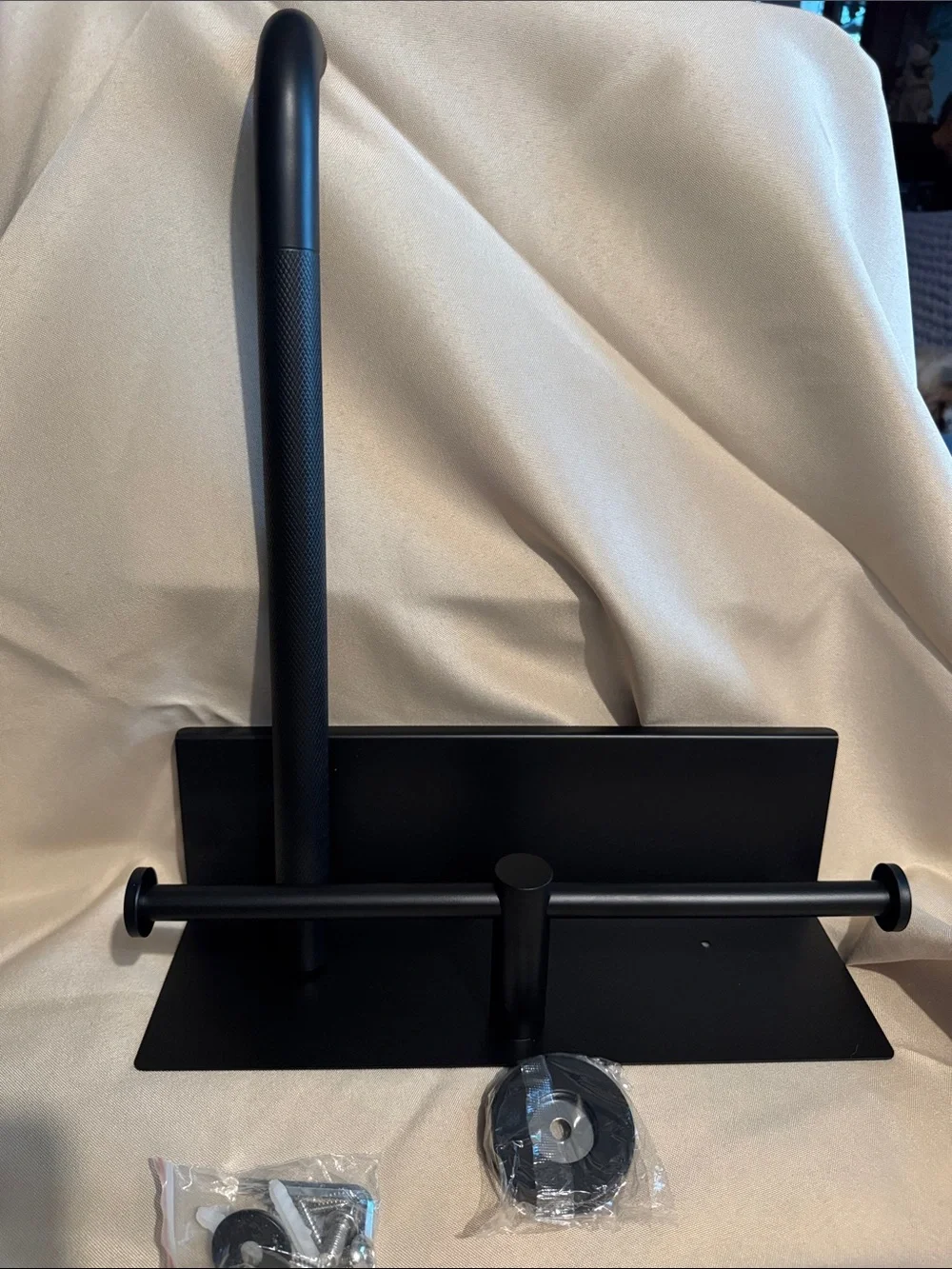 NIB Munzong 3-in-1 Matte Black Grab Bar & Double Toilet Paper Holder Shelf 42cm